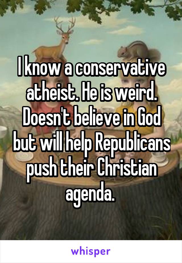 I know a conservative atheist. He is weird. Doesn't believe in God but will help Republicans push their Christian agenda. 