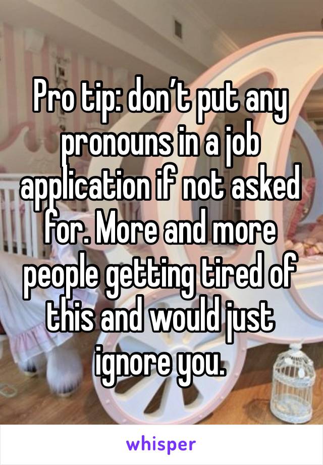 Pro tip: don’t put any pronouns in a job application if not asked for. More and more people getting tired of this and would just ignore you.