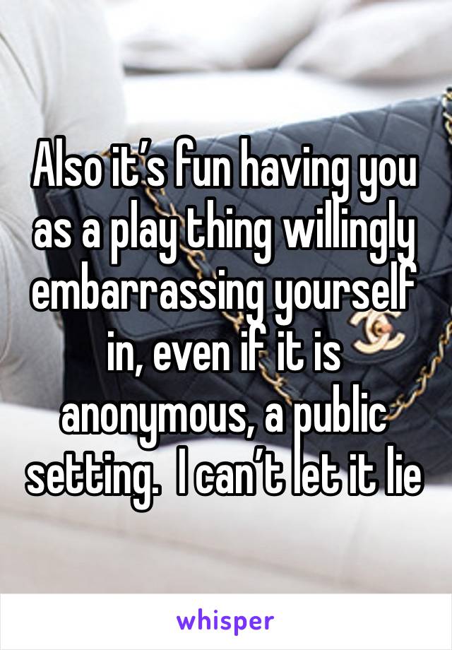 Also it’s fun having you as a play thing willingly embarrassing yourself in, even if it is anonymous, a public setting.  I can’t let it lie