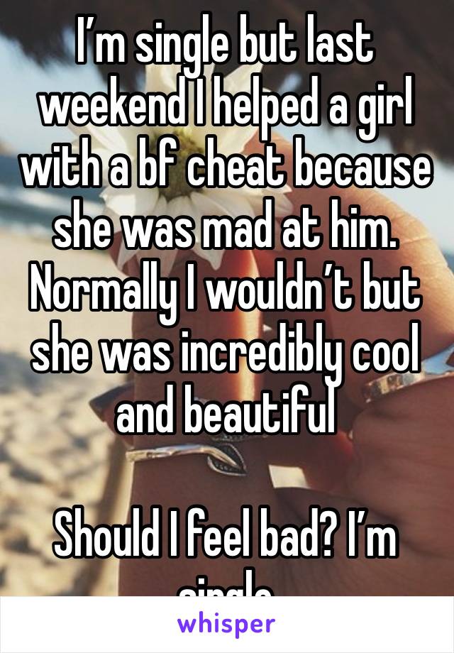 I’m single but last weekend I helped a girl with a bf cheat because she was mad at him. Normally I wouldn’t but she was incredibly cool and beautiful

Should I feel bad? I’m single