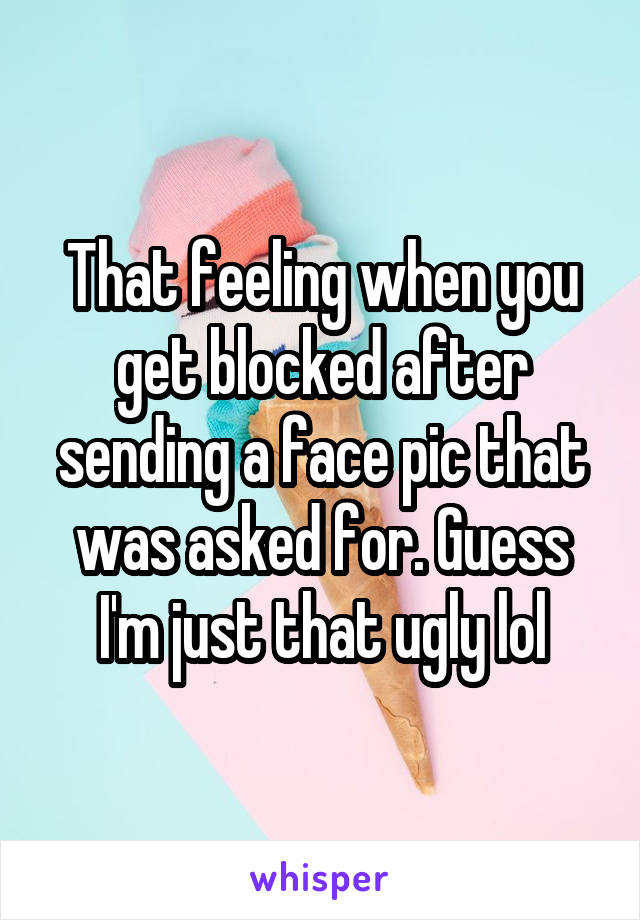 That feeling when you get blocked after sending a face pic that was asked for. Guess I'm just that ugly lol