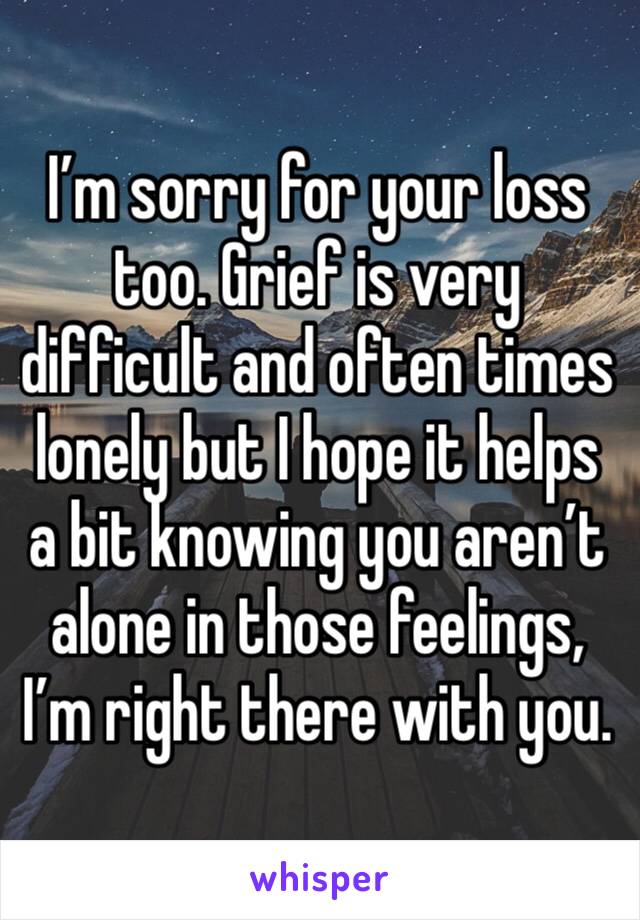 I’m sorry for your loss too. Grief is very difficult and often times lonely but I hope it helps a bit knowing you aren’t alone in those feelings, I’m right there with you. 