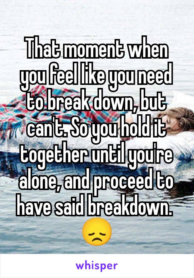 That moment when you feel like you need to break down, but can't. So you hold it together until you're alone, and proceed to have said breakdown. 
😞