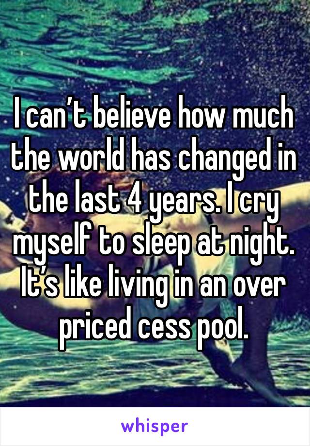 I can’t believe how much the world has changed in the last 4 years. I cry myself to sleep at night. It’s like living in an over priced cess pool. 