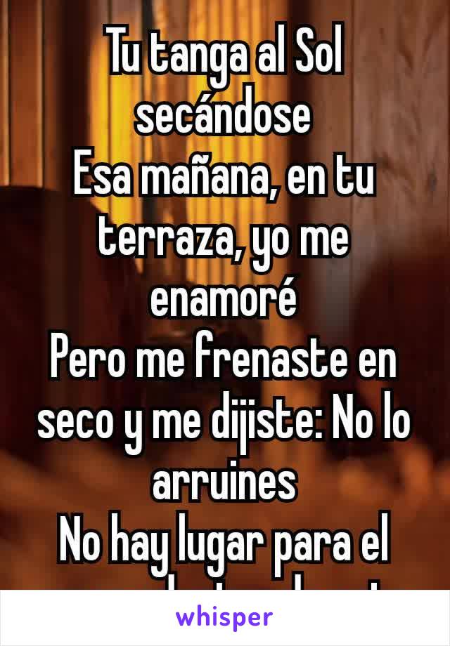 Tu tanga al Sol secándose
Esa mañana, en tu terraza, yo me enamoré
Pero me frenaste en seco y me dijiste: No lo arruines
No hay lugar para el amor adentro de esta