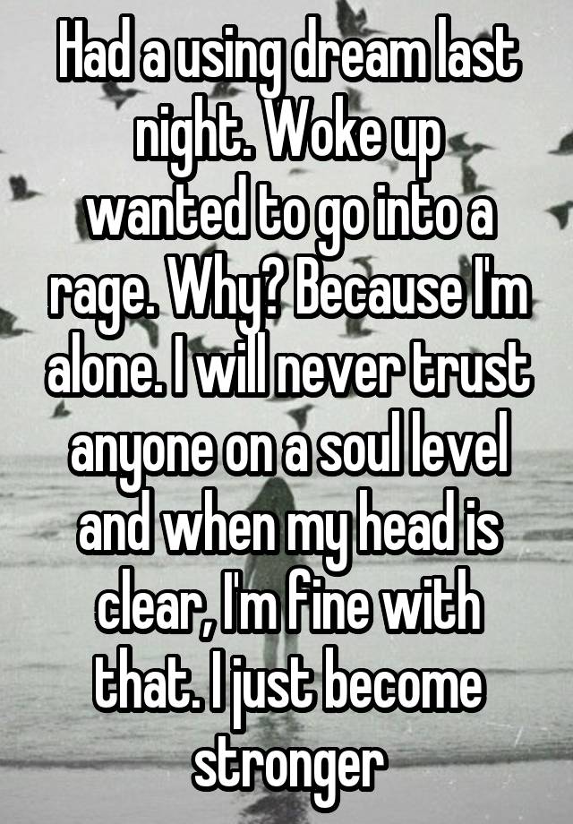 Had a using dream last night. Woke up
wanted to go into a rage. Why? Because I'm alone. I will never trust anyone on a soul level and when my head is clear, I'm fine with that. I just become stronger