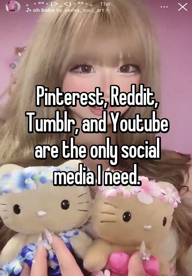 Pinterest, Reddit, Tumblr, and Youtube are the only social media I need.