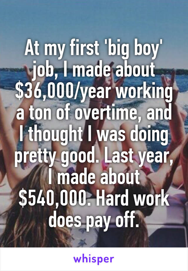 At my first 'big boy' job, I made about $36,000/year working a ton of overtime, and I thought I was doing pretty good. Last year, I made about $540,000. Hard work does pay off.