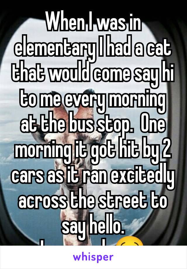 When I was in elementary I had a cat that would come say hi to me every morning at the bus stop.  One morning it got hit by 2 cars as it ran excitedly across the street to say hello.
I was sad. 😢