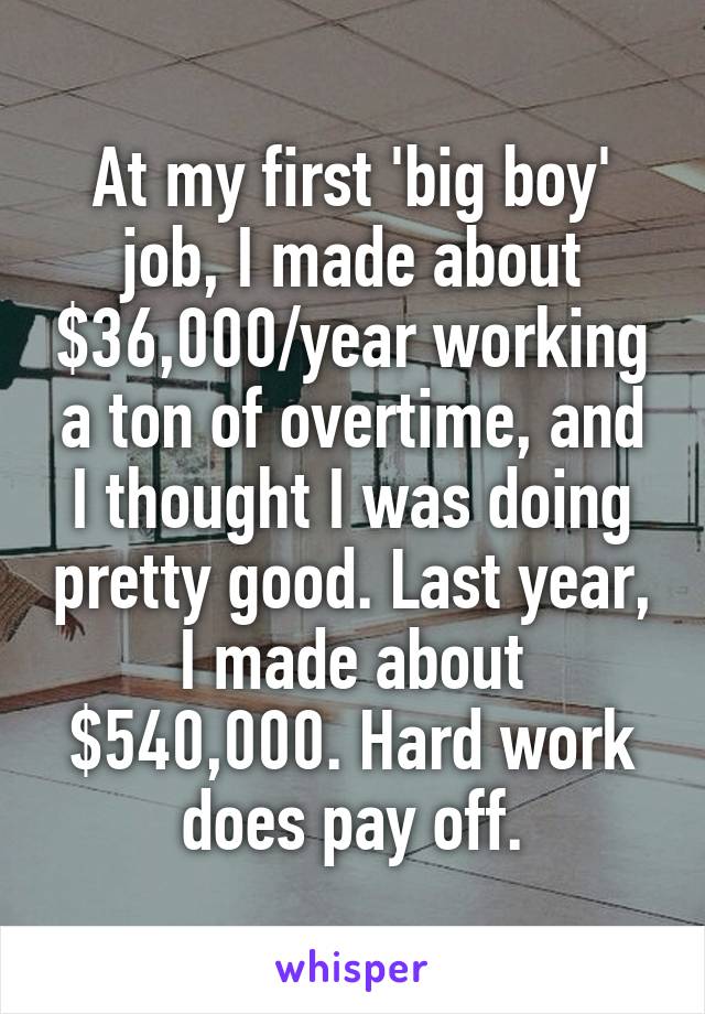 At my first 'big boy' job, I made about $36,000/year working a ton of overtime, and I thought I was doing pretty good. Last year, I made about $540,000. Hard work does pay off.