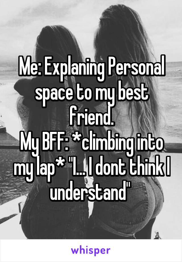 Me: Explaning Personal space to my best friend.
My BFF: *climbing into my lap* "I... I dont think I understand" 