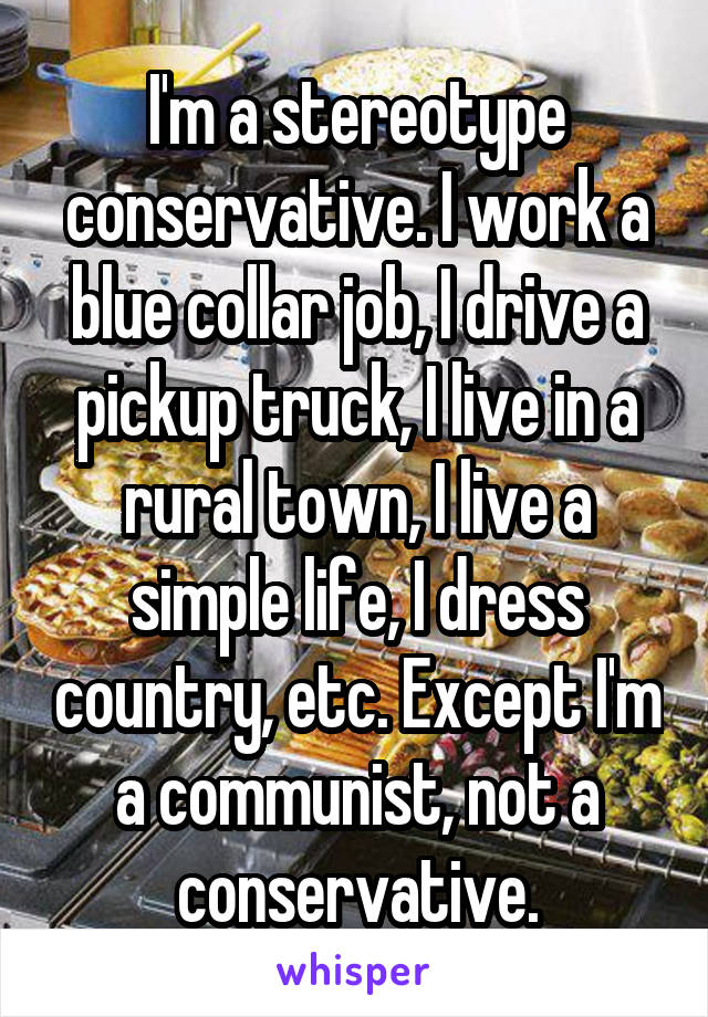 I'm a stereotype conservative. I work a blue collar job, I drive a pickup truck, I live in a rural town, I live a simple life, I dress country, etc. Except I'm a communist, not a conservative.