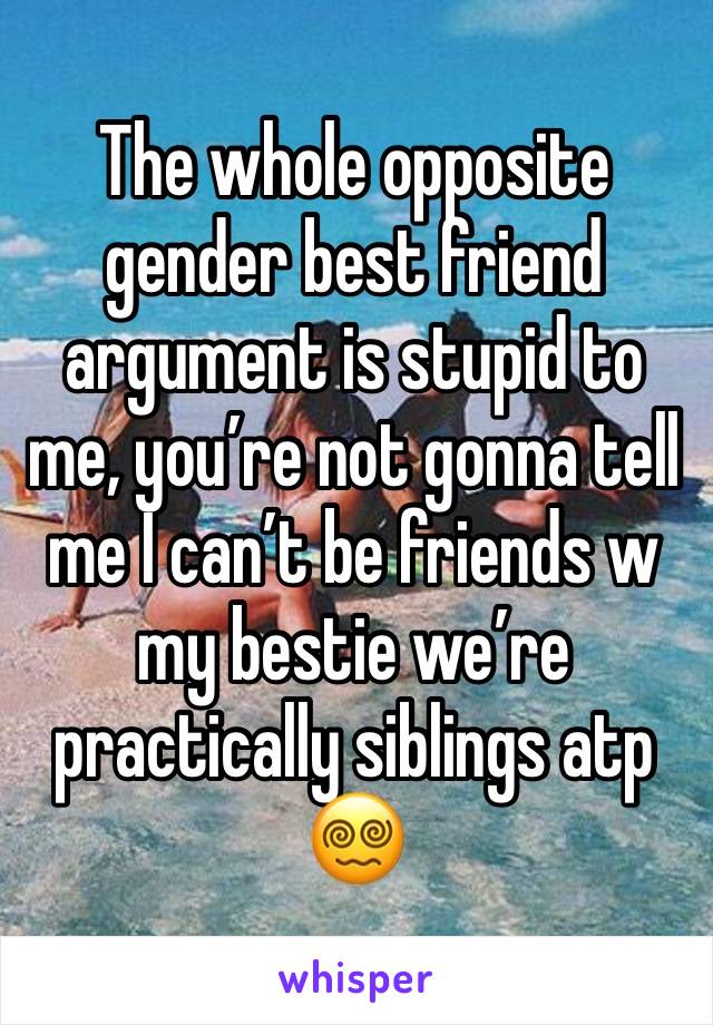 The whole opposite gender best friend argument is stupid to me, you’re not gonna tell me I can’t be friends w my bestie we’re practically siblings atp😵‍💫