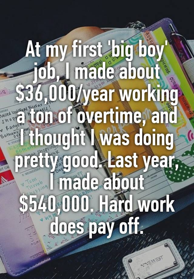 At my first 'big boy' job, I made about $36,000/year working a ton of overtime, and I thought I was doing pretty good. Last year, I made about $540,000. Hard work does pay off.