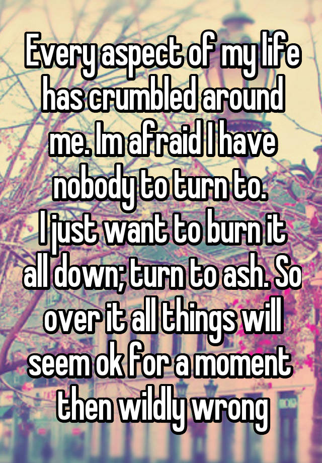 Every aspect of my life has crumbled around me. Im afraid I have nobody to turn to. 
I just want to burn it all down; turn to ash. So over it all things will seem ok for a moment  then wildly wrong