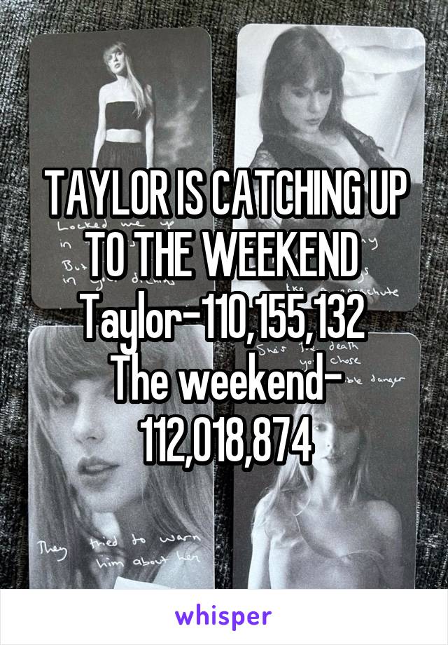 TAYLOR IS CATCHING UP TO THE WEEKEND 
Taylor-110,155,132 
The weekend- 112,018,874