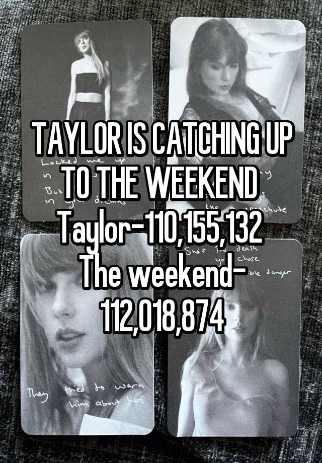 TAYLOR IS CATCHING UP TO THE WEEKEND 
Taylor-110,155,132 
The weekend- 112,018,874