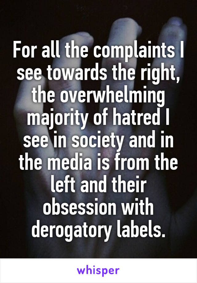 For all the complaints I see towards the right, the overwhelming majority of hatred I see in society and in the media is from the left and their obsession with derogatory labels.