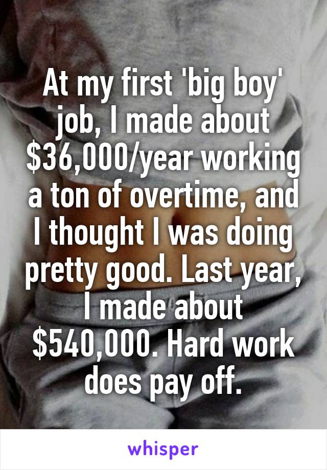 At my first 'big boy' job, I made about $36,000/year working a ton of overtime, and I thought I was doing pretty good. Last year, I made about $540,000. Hard work does pay off.