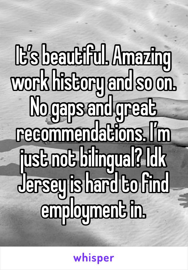 It’s beautiful. Amazing work history and so on. No gaps and great recommendations. I’m just not bilingual? Idk Jersey is hard to find employment in. 