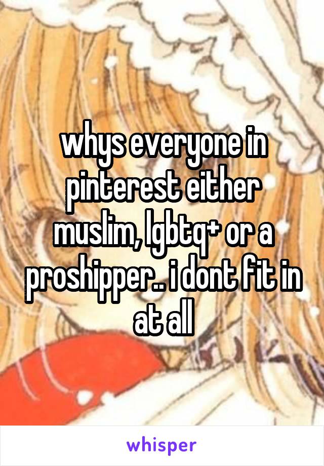 whys everyone in pinterest either muslim, lgbtq+ or a proshipper.. i dont fit in at all