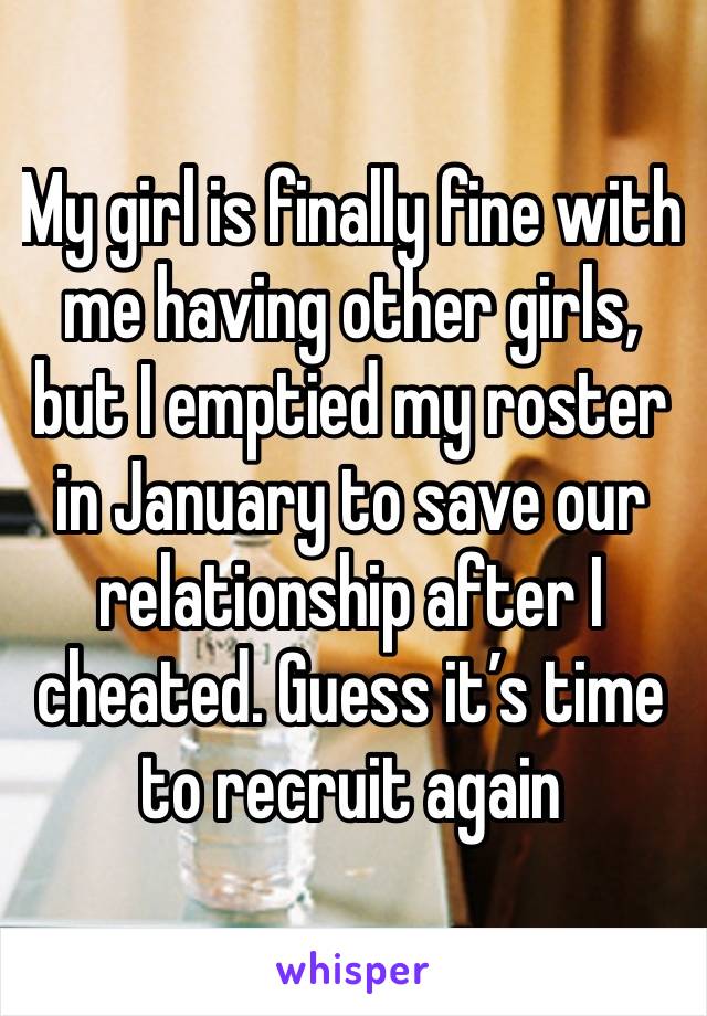 My girl is finally fine with me having other girls, but I emptied my roster in January to save our relationship after I cheated. Guess it’s time to recruit again 