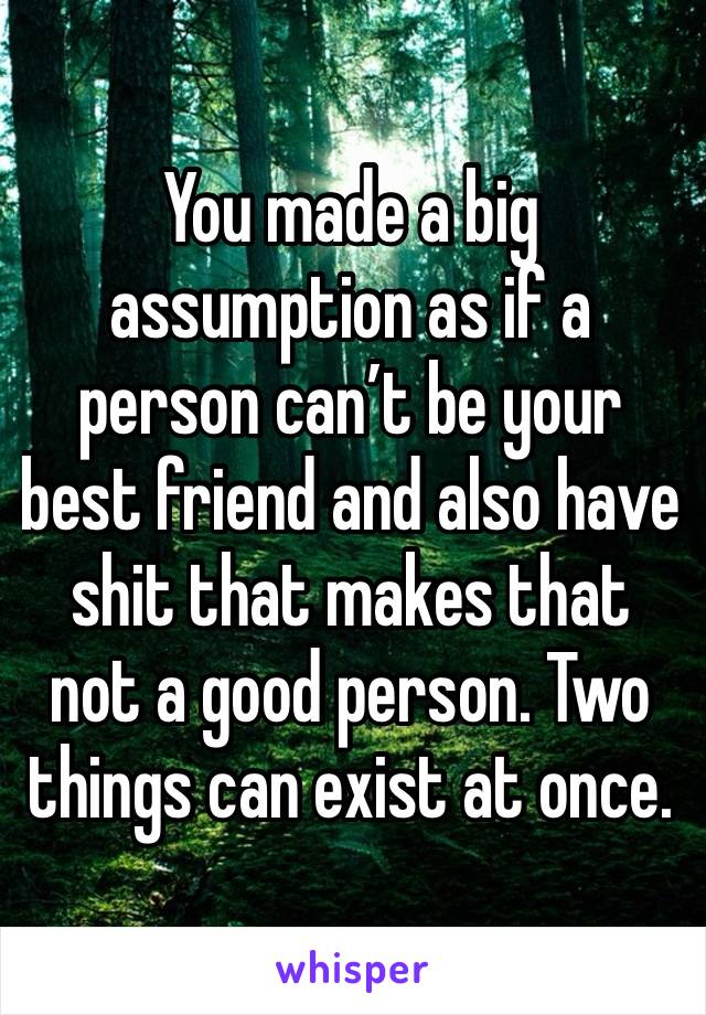 You made a big assumption as if a person can’t be your best friend and also have shit that makes that not a good person. Two things can exist at once. 