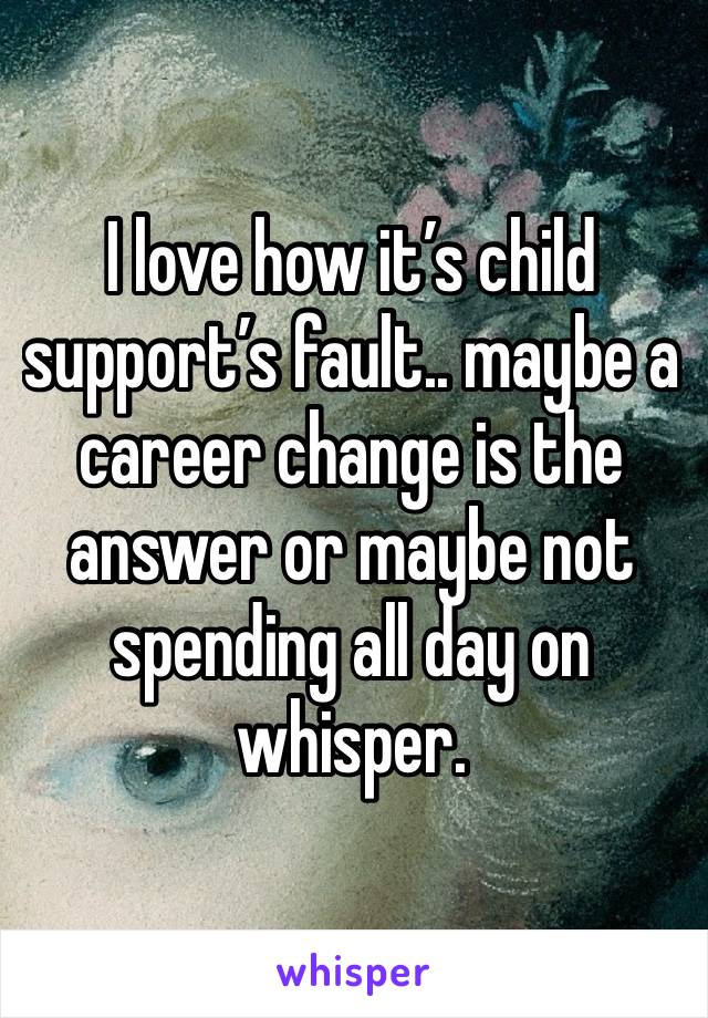 I love how it’s child support’s fault.. maybe a career change is the answer or maybe not spending all day on whisper.