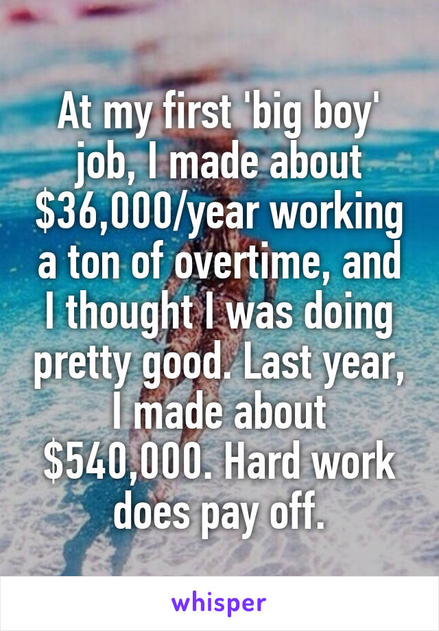 At my first 'big boy' job, I made about $36,000/year working a ton of overtime, and I thought I was doing pretty good. Last year, I made about $540,000. Hard work does pay off.