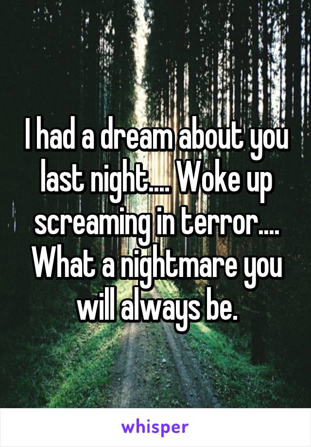 I had a dream about you last night.... Woke up screaming in terror.... What a nightmare you will always be.