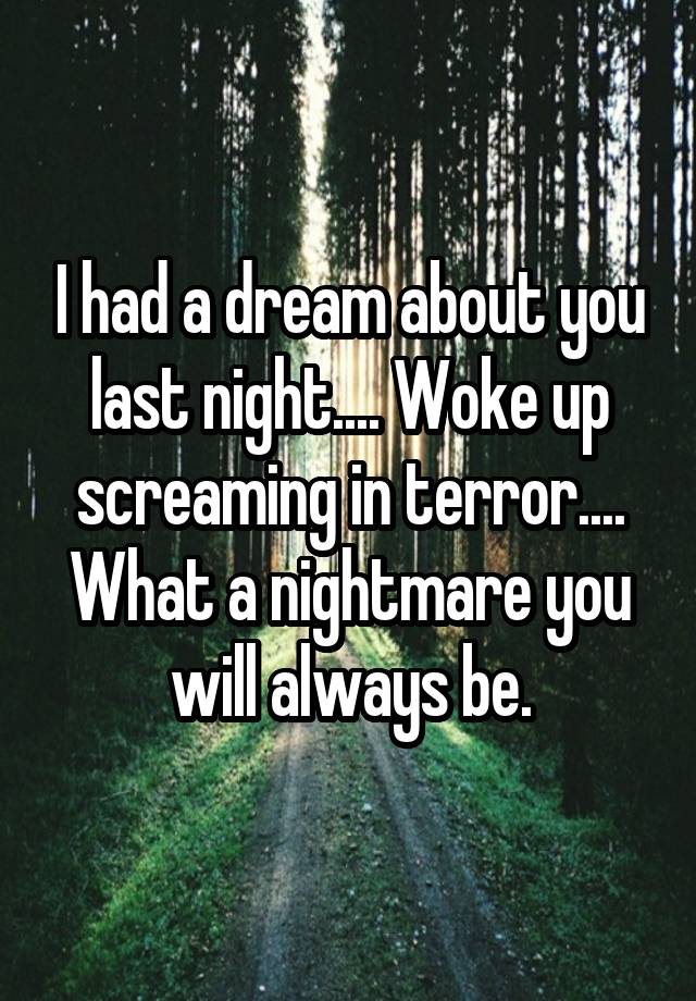 I had a dream about you last night.... Woke up screaming in terror.... What a nightmare you will always be.