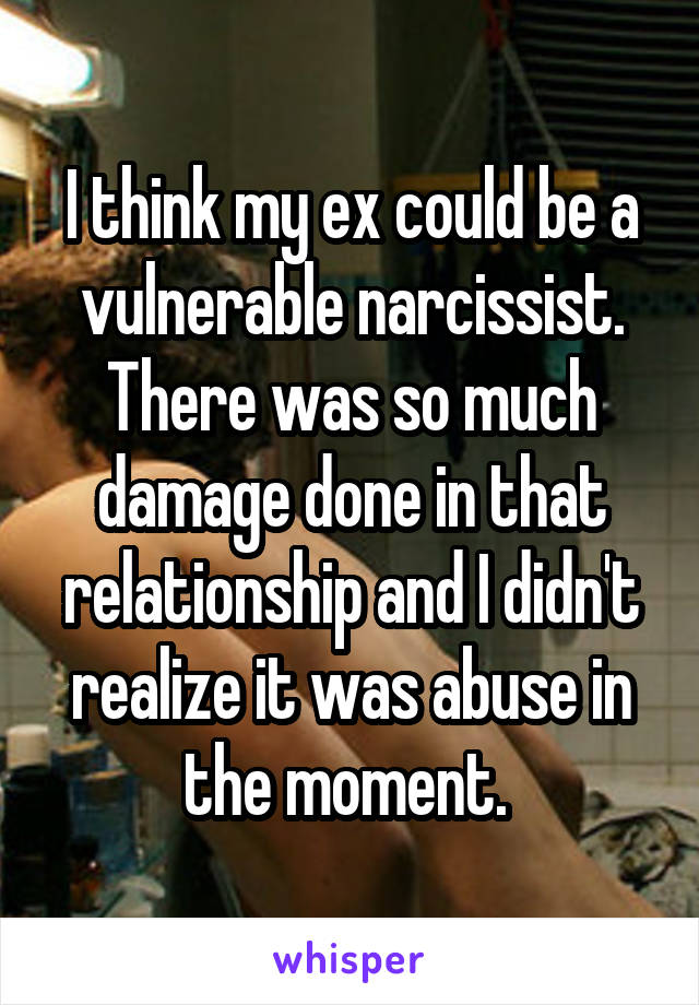 I think my ex could be a vulnerable narcissist. There was so much damage done in that relationship and I didn't realize it was abuse in the moment. 