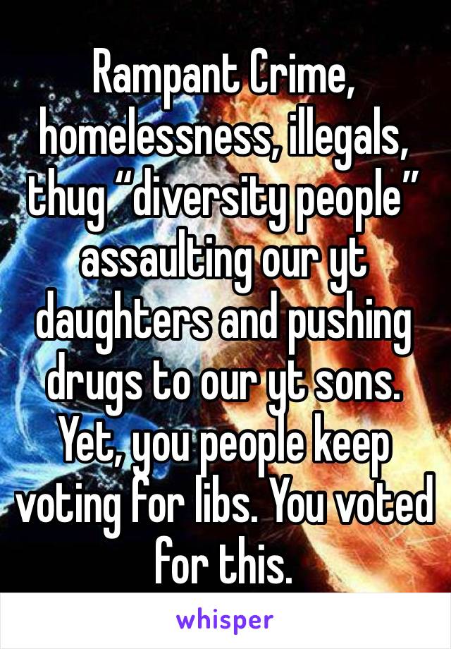 Rampant Crime, homelessness, illegals, thug “diversity people” assaulting our yt daughters and pushing drugs to our yt sons. Yet, you people keep voting for libs. You voted for this.