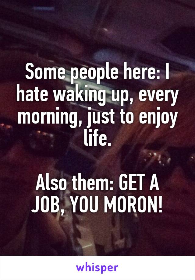 Some people here: I hate waking up, every morning, just to enjoy life.

Also them: GET A JOB, YOU MORON!