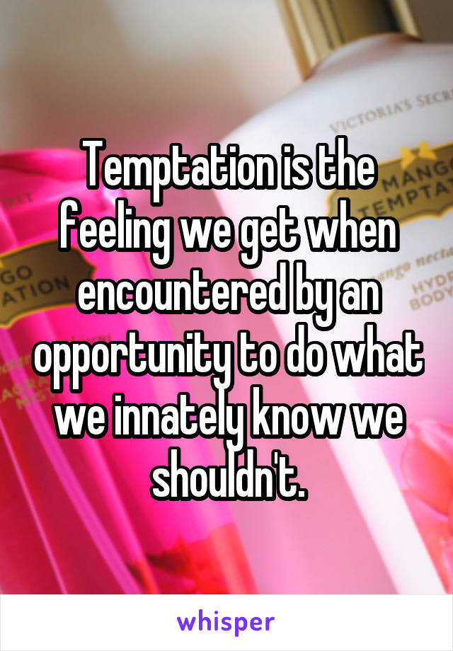 Temptation is the feeling we get when encountered by an opportunity to do what we innately know we shouldn't.