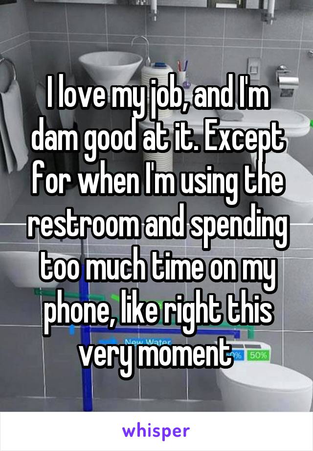 I love my job, and I'm dam good at it. Except for when I'm using the restroom and spending too much time on my phone, like right this very moment 