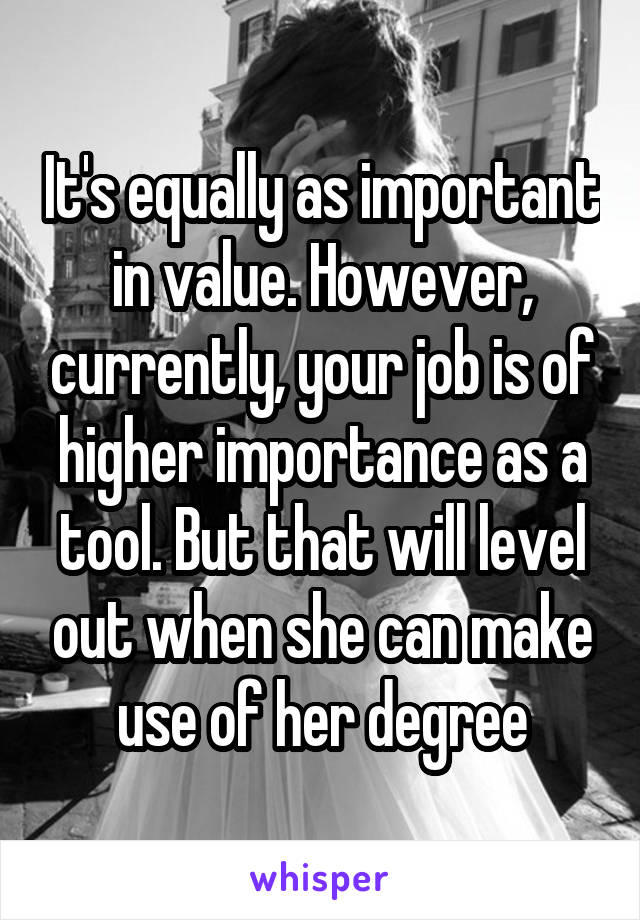 It's equally as important in value. However, currently, your job is of higher importance as a tool. But that will level out when she can make use of her degree