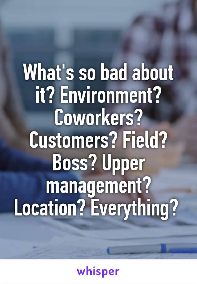 What's so bad about it? Environment? Coworkers? Customers? Field? Boss? Upper management? Location? Everything? 