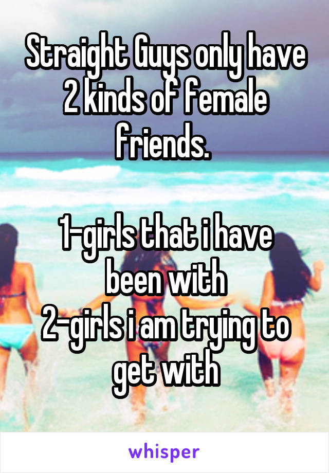 Straight Guys only have 2 kinds of female friends. 

1-girls that i have been with
2-girls i am trying to get with
