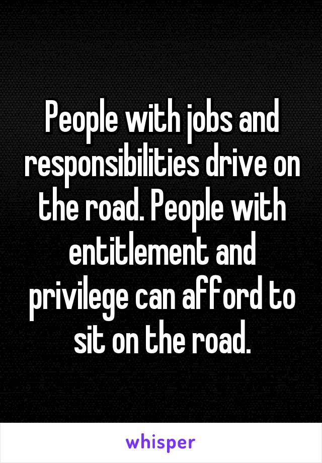 People with jobs and responsibilities drive on the road. People with entitlement and privilege can afford to sit on the road.