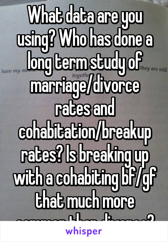 What data are you using? Who has done a long term study of marriage/divorce rates and cohabitation/breakup rates? Is breaking up with a cohabiting bf/gf that much more common than divorce?