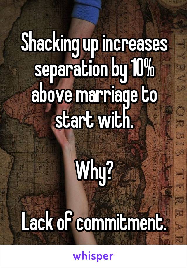 Shacking up increases separation by 10% above marriage to start with.

Why?

Lack of commitment.