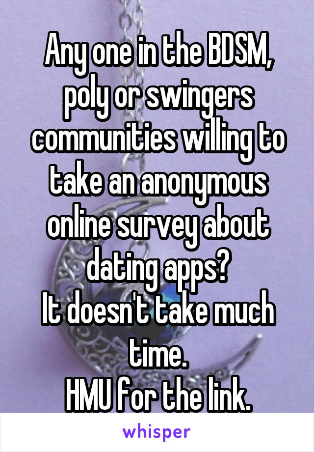 Any one in the BDSM, poly or swingers communities willing to take an anonymous online survey about dating apps?
It doesn't take much time.
HMU for the link.