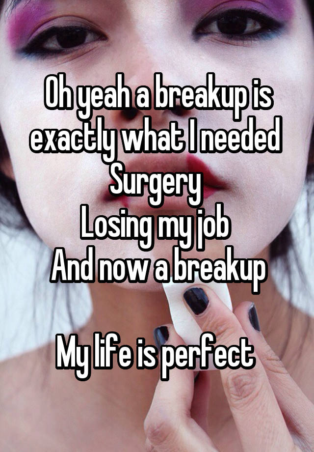 Oh yeah a breakup is exactly what I needed 
Surgery 
Losing my job 
And now a breakup

My life is perfect 