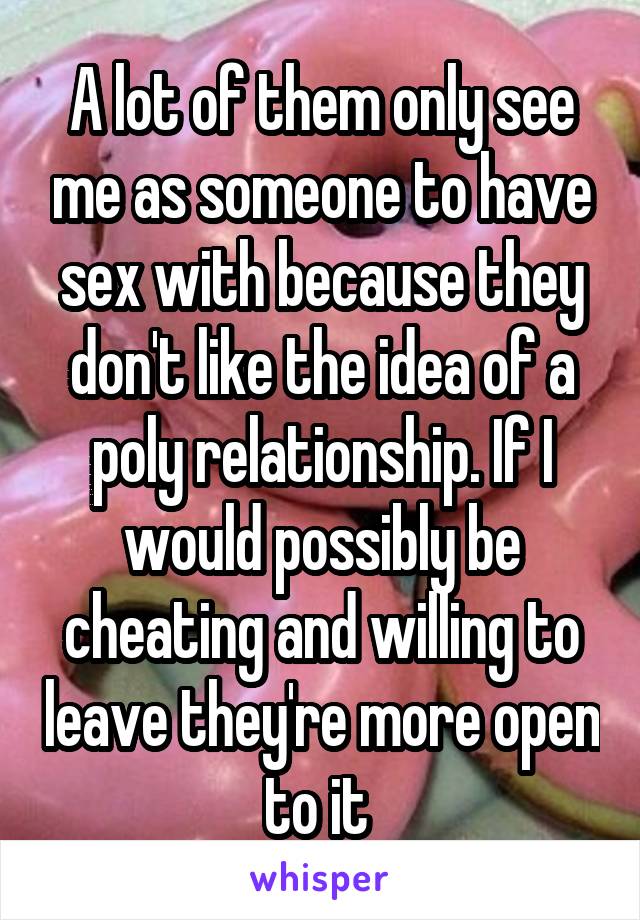 A lot of them only see me as someone to have sex with because they don't like the idea of a poly relationship. If I would possibly be cheating and willing to leave they're more open to it 