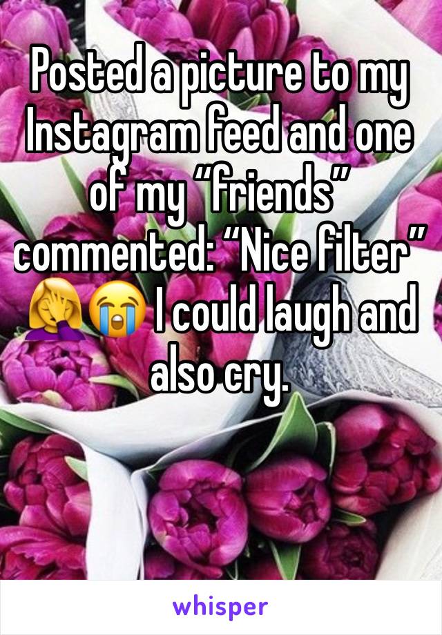 Posted a picture to my Instagram feed and one of my “friends” commented: “Nice filter”   🤦‍♀️😭 I could laugh and also cry. 