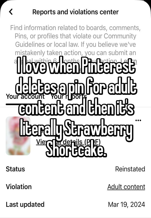 I love when Pinterest deletes a pin for adult content and then it's literally Strawberry Shortcake.