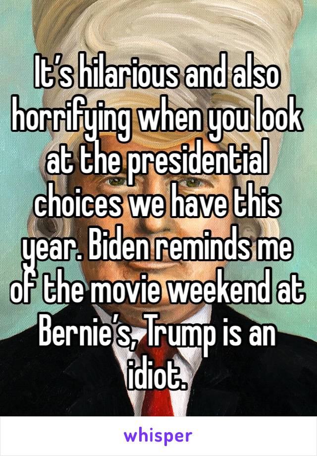 It’s hilarious and also horrifying when you look at the presidential choices we have this year. Biden reminds me of the movie weekend at Bernie’s, Trump is an idiot.