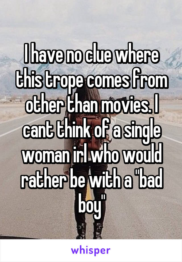 I have no clue where this trope comes from other than movies. I cant think of a single woman irl who would rather be with a "bad boy"