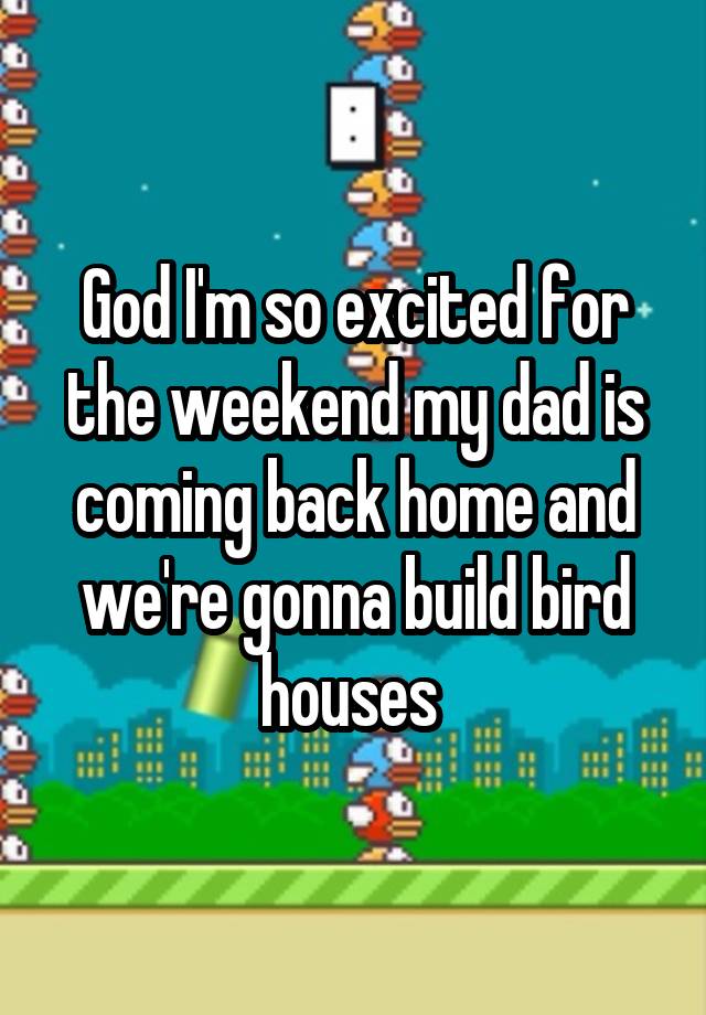 God I'm so excited for the weekend my dad is coming back home and we're gonna build bird houses 